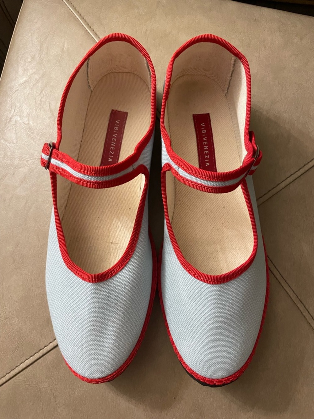 VIBI VENEZIA Red-Trim light blue Mary Jane Espadrilles size 40